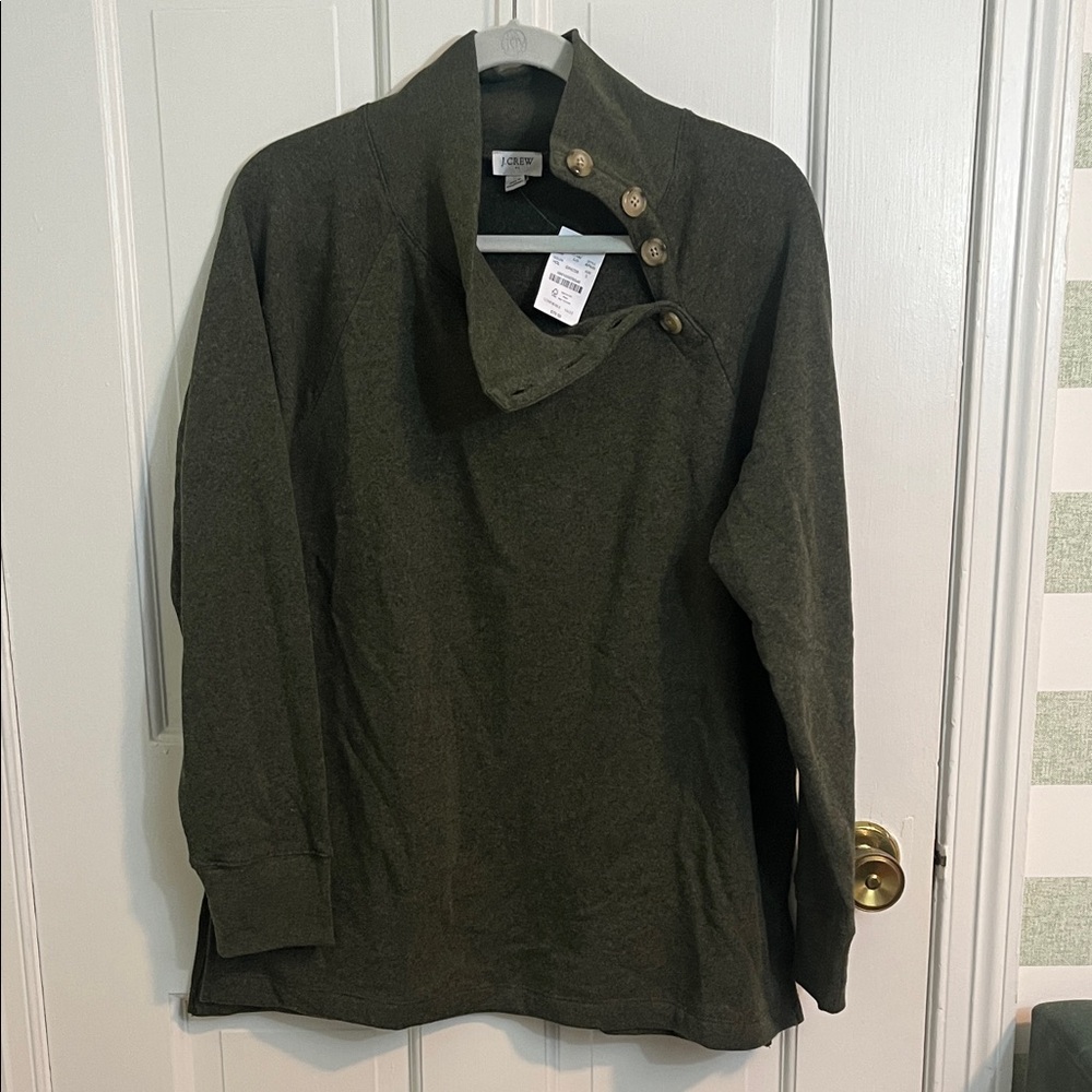 NWT J.Crew Factory Dark Olive Green Green Button Top Tunic Sweatshirt Size L